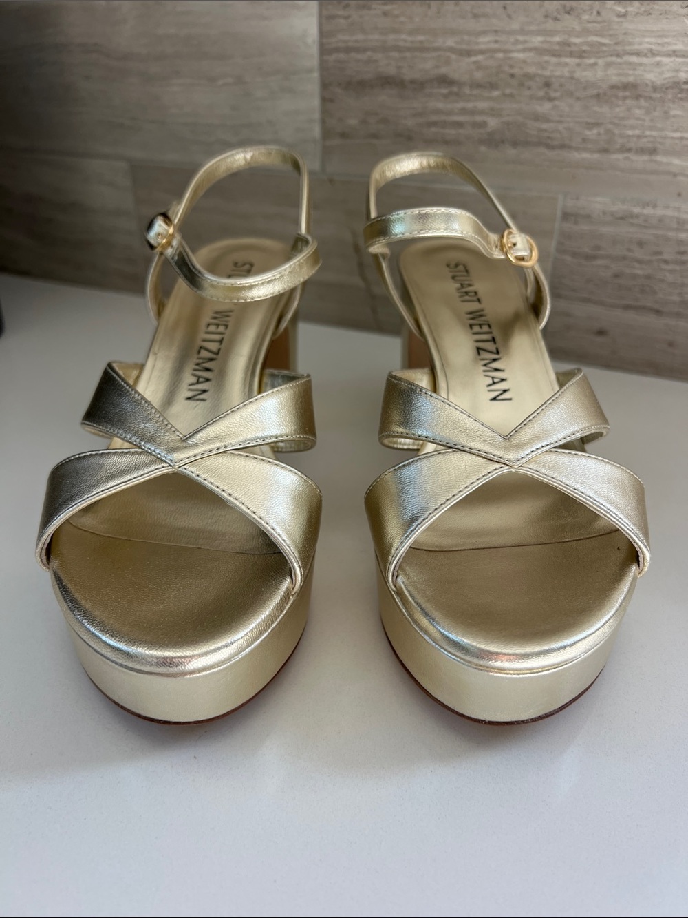 Stuart Weitzman carmen midi platform open toe sandals light gold liquid metallic - Picture 6 of 11